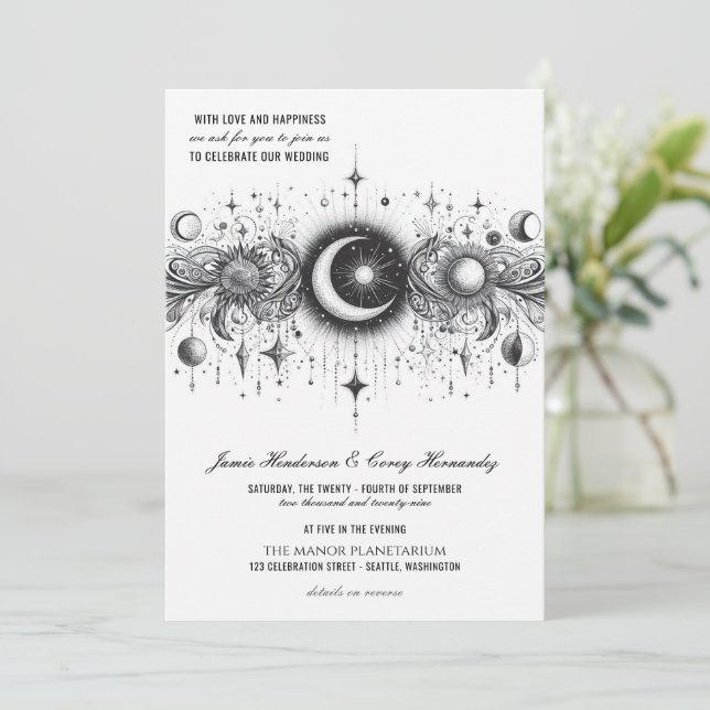 Black & White Celestial with Details Wedding Invitation (Standing Front)