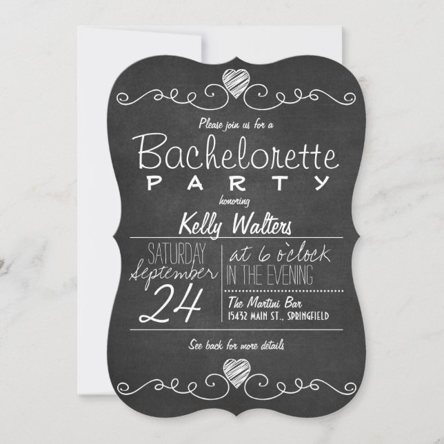 Black & White Chalkboard Rustic Bachelorette Party Invitation (Front)