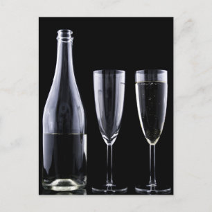 Black White Champagne Bottle Flute Glasses Festive Postcard