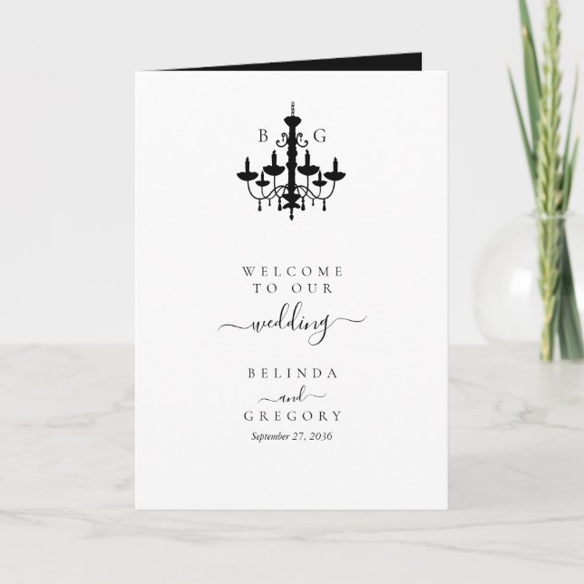Black White Chandelier Wedding Order of Service Programme (Front)
