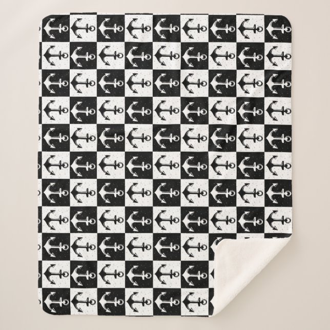 Black White Check Anchor Pattern Design  Sherpa Blanket (Front)
