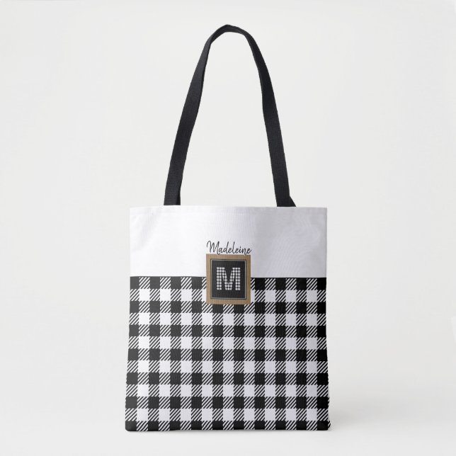 Black & White Check Buffalo Plaid Monogram Classic Tote Bag (Front)