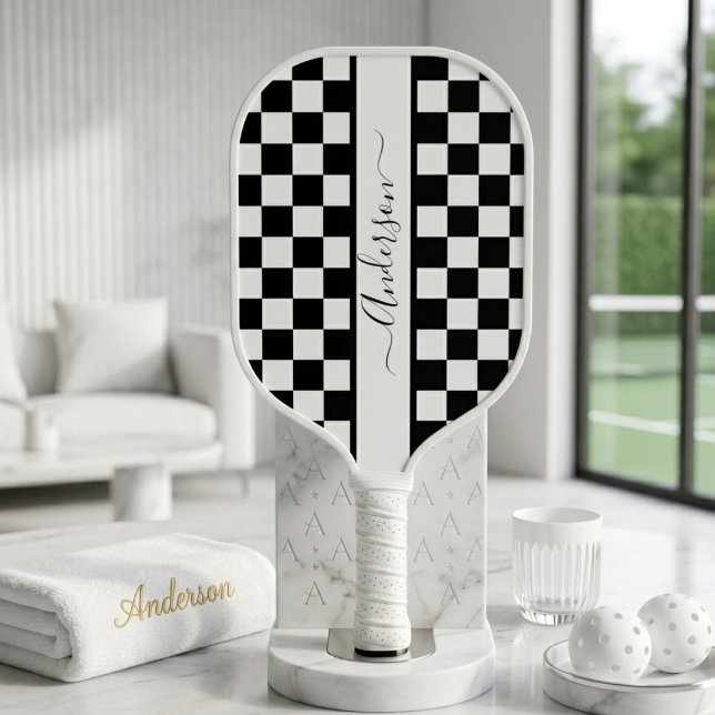 Black + White Check Chequered Monogrammed Pattern Pickleball Paddle (Creator Uploaded)