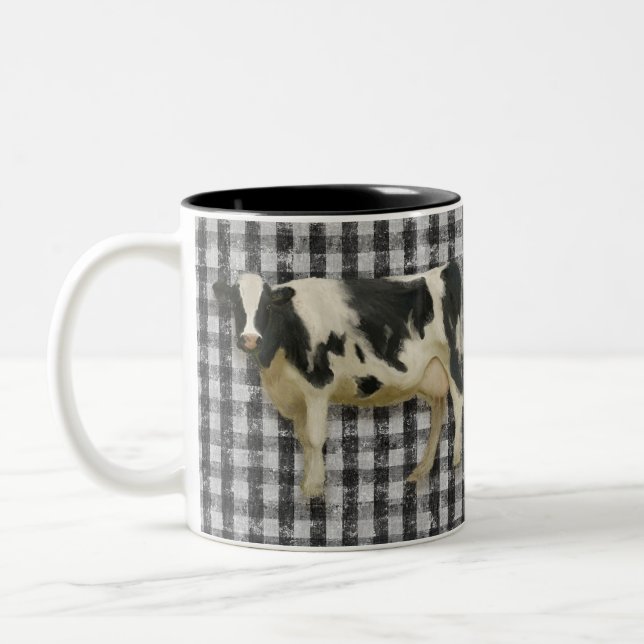 Black White Check Farmhouse Cow Country Farm Two-Tone Coffee Mug (Left)