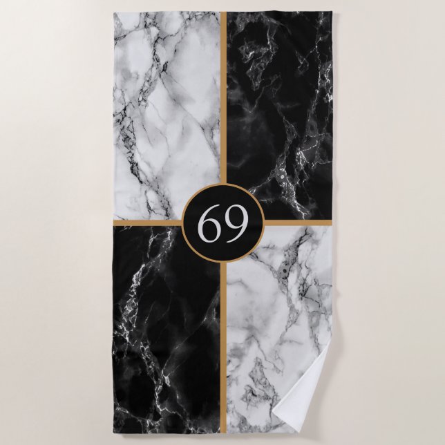 Black White Check Marble Beach Towel Your Number (Front)