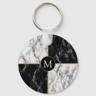 Black White Check Marble Keychain - Your Letter