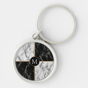 Black White Check Marble Keychain - Your Letter