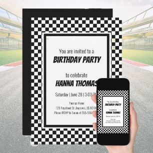 Black White Check Pattern Racing Theme Birthday  Invitation