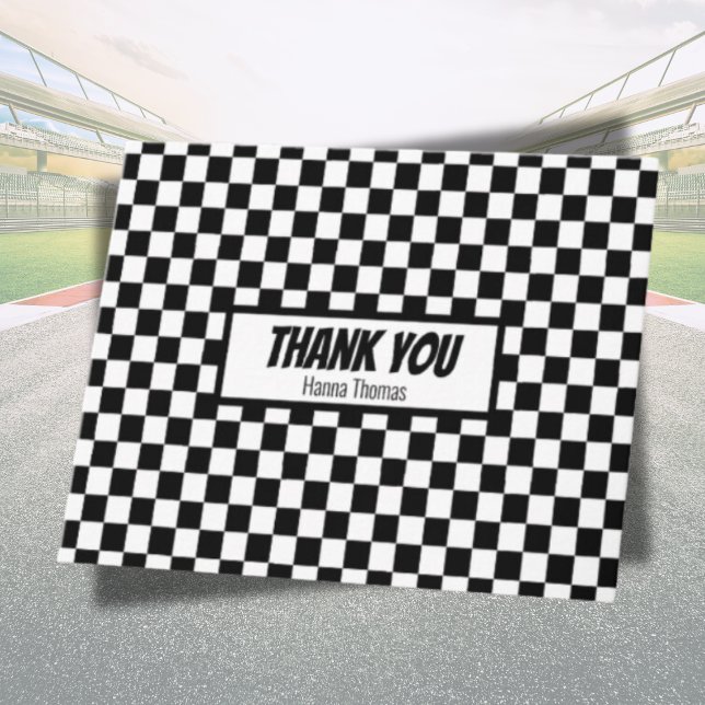 Black White Check Pattern Racing Theme Birthday Thank You Card (racing theme thank you card personalized)