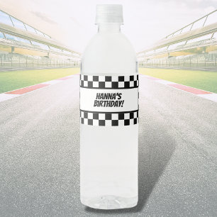 Black White Check Pattern Racing Theme Birthday Water Bottle Label