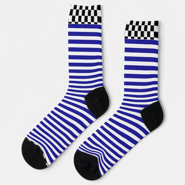 Black + White Check Trim Blue Stripe  Socks (Left)
