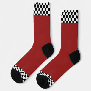 Black + White Check Trim Dk Red Socks