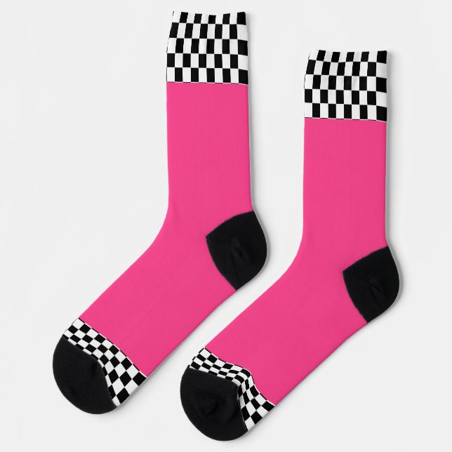Black + White Check Trim Hot Pink  Socks (Left)