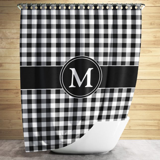 Black & White Checked Pattern Monogram Personalise Shower Curtain (Modern Black And White Plaid Monogram Shower Curtain)