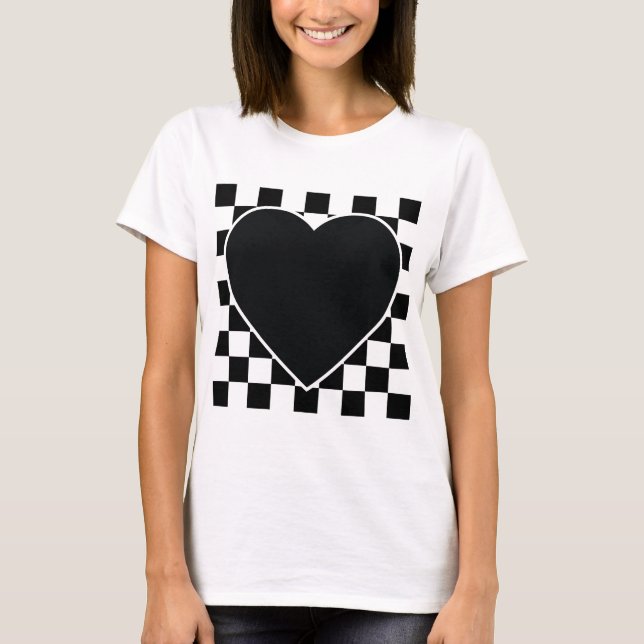 BLACK WHITE CHECKERED HEART LOVE PATTERN FEELINGS T-Shirt (Front)