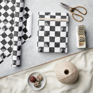 Black White Checkered Squares Race Car Birthday Wrapping Paper