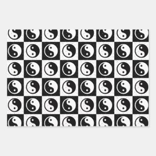 Black White Checkered Yin-yang Zen Block Print Wrapping Paper Sheet
