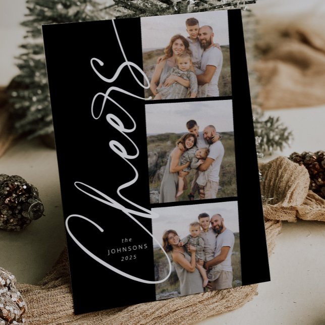 Black & White Cheers Elegant Script Christmas Holiday Card (Creator Uploaded)