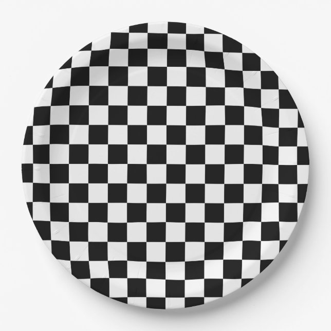 Black White Chequerboard Chequered Checked Check Paper Plate (Front)