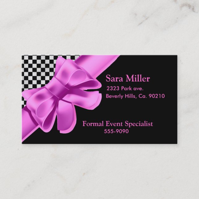 Black & White Chequerboard Pink Bow Set Business Card (Front)