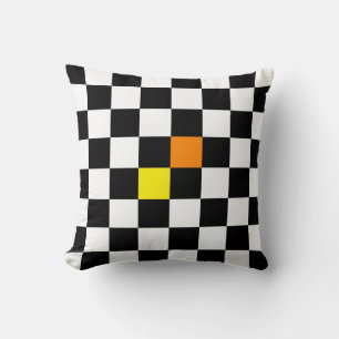 Black, White Chequerboard with Yellow Orange Colou Cushion