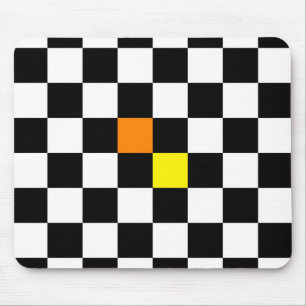 Black, White Chequerboard with Yellow Orange Colou Mouse Pad