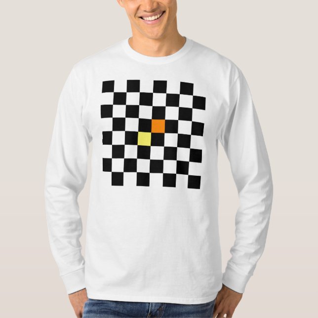 Black, White Chequerboard with Yellow Orange T-Shirt (Front)