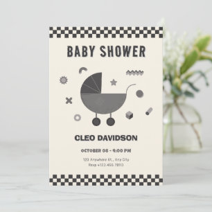 Black white Chequered baby stroller baby shower Invitation