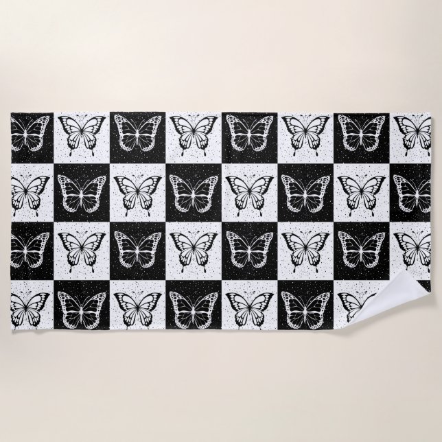 Black White Chequered Butterfly Design  Beach Towel (Front)