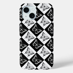 Black White Chequered Butterfly Design  iPhone 15 Case