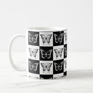 Black White Chequered Butterfly Design  Coffee Mug