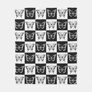 Black White Chequered Butterfly Design  Fleece Blanket