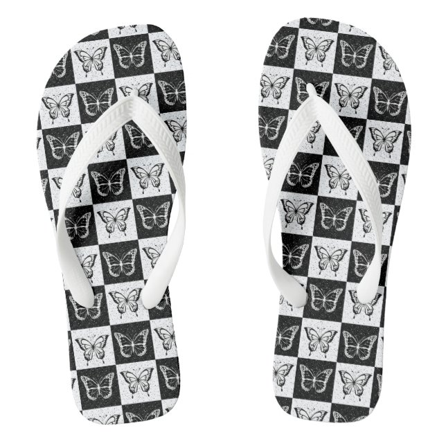 Black White Chequered Butterfly Design  Jandals (Footbed)