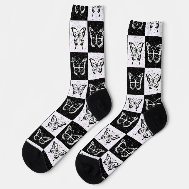 Black White Chequered Butterfly Design  Socks (Left)