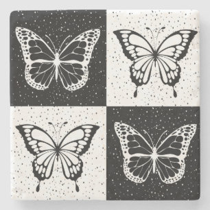 Black White Chequered Butterfly Design Stone Coaster