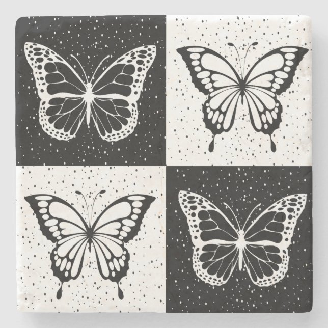 Black White Chequered Butterfly Design  Stone Coaster (Front)