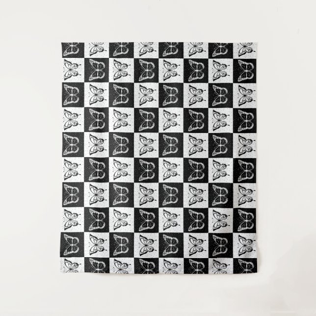 Black White Chequered Butterfly Design  Tapestry (Front)