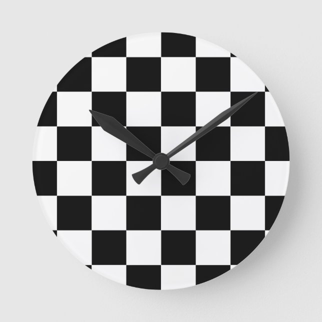 Black White Chequered Check Pattern Round Clock (Front)