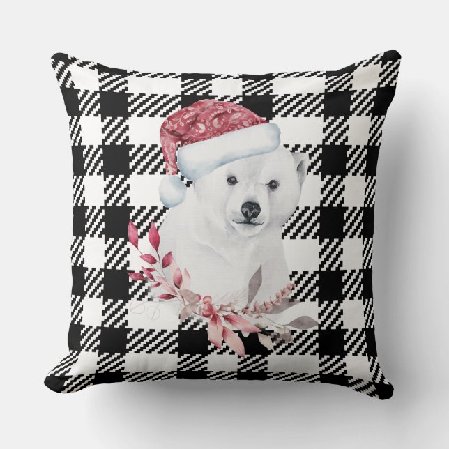 Black/white Chequered Christmas Polar Bear Pillow (Front)