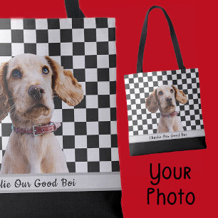 Black White Chequered Custom Photo Name Tote Bag