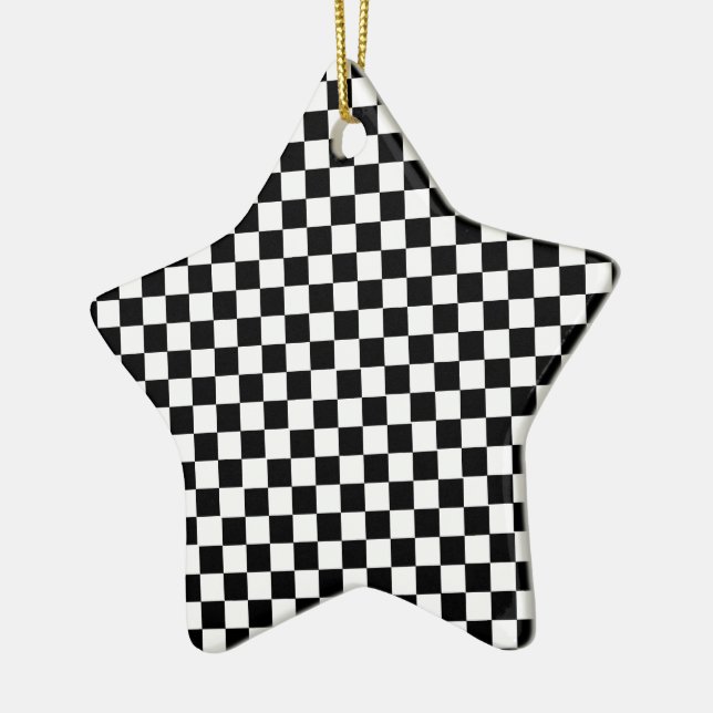 Black White Chequered Custom Text Ceramic Tree Decoration (Left)