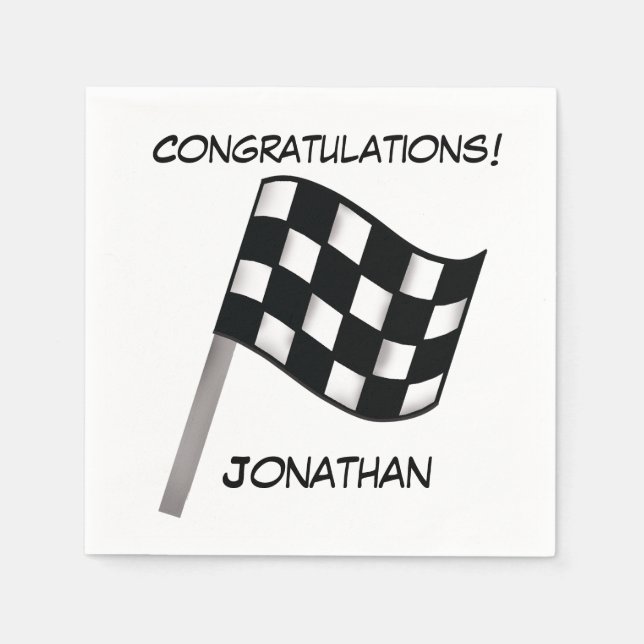 Black White Chequered Flag Congratulations Name Napkin (Front)