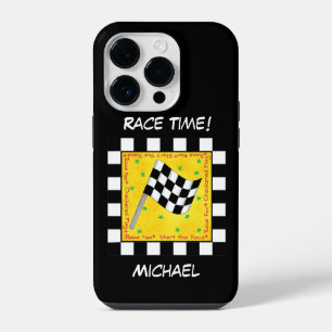 Black White Chequered Flag Race Black Personalised iPhone 14 Pro Case