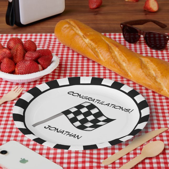 Black White Chequered Flag Race Name Personalised Paper Plate (Picnic)