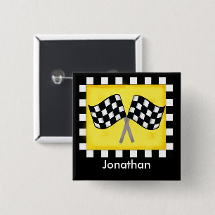 Black White Chequered Flag Yellow Name Badge