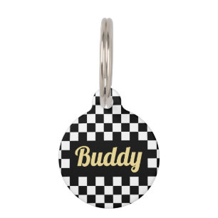 Black White Chequered Gold Dog Cat Name Modern Pet Tag