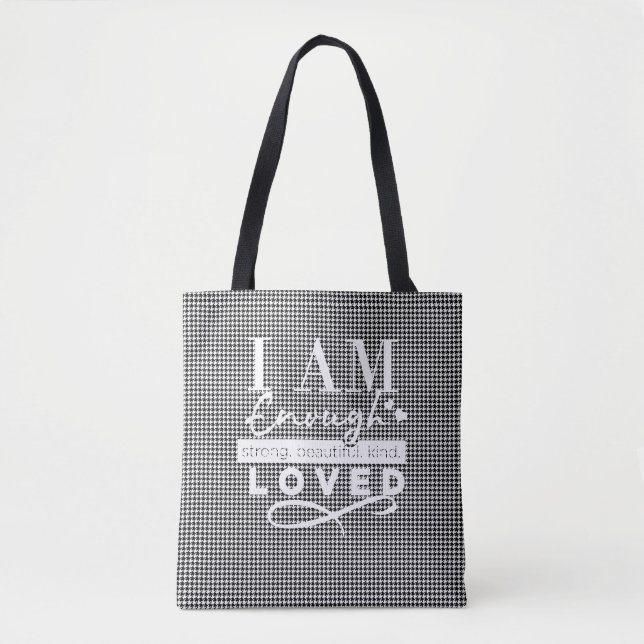 Black/White Chequered "I AM LOVED" tote Bag (Front)