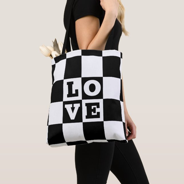 Black White Chequered LOVE Tote Bag (Close Up)