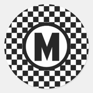 Black White Chequered Monogram Classic Round Sticker