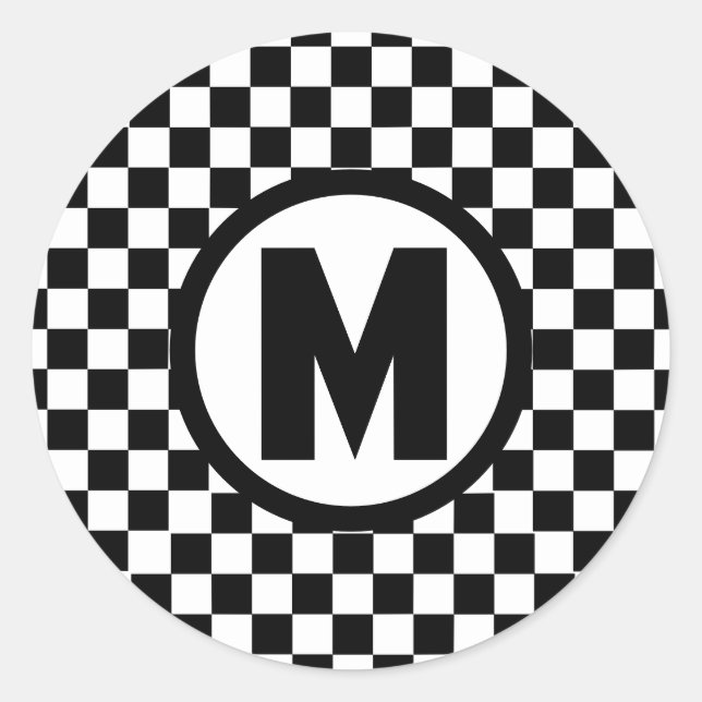 Black White Chequered Monogram Classic Round Sticker (Front)
